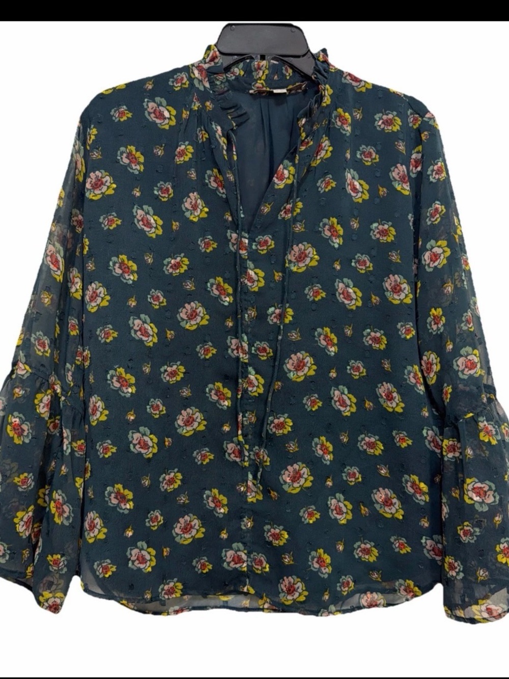 LOFT Green Floral Blouse Sheer Bell Sleeve Tie-Neck Peasant Top MP